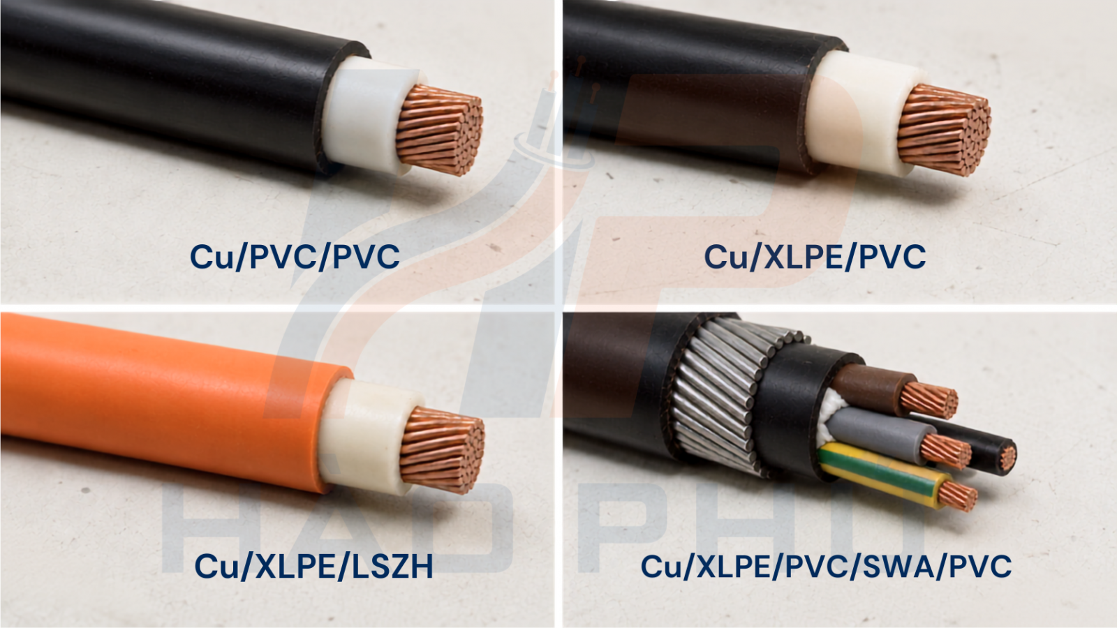 Cấu tạo cáp Cu PVC PVC và Cu XLPE PVC Mặt cắt cấu tạo cáp Cu PVC PVC và Cu XLPE PVC giúp phân biệt lớp cách điện và vỏ ngoài