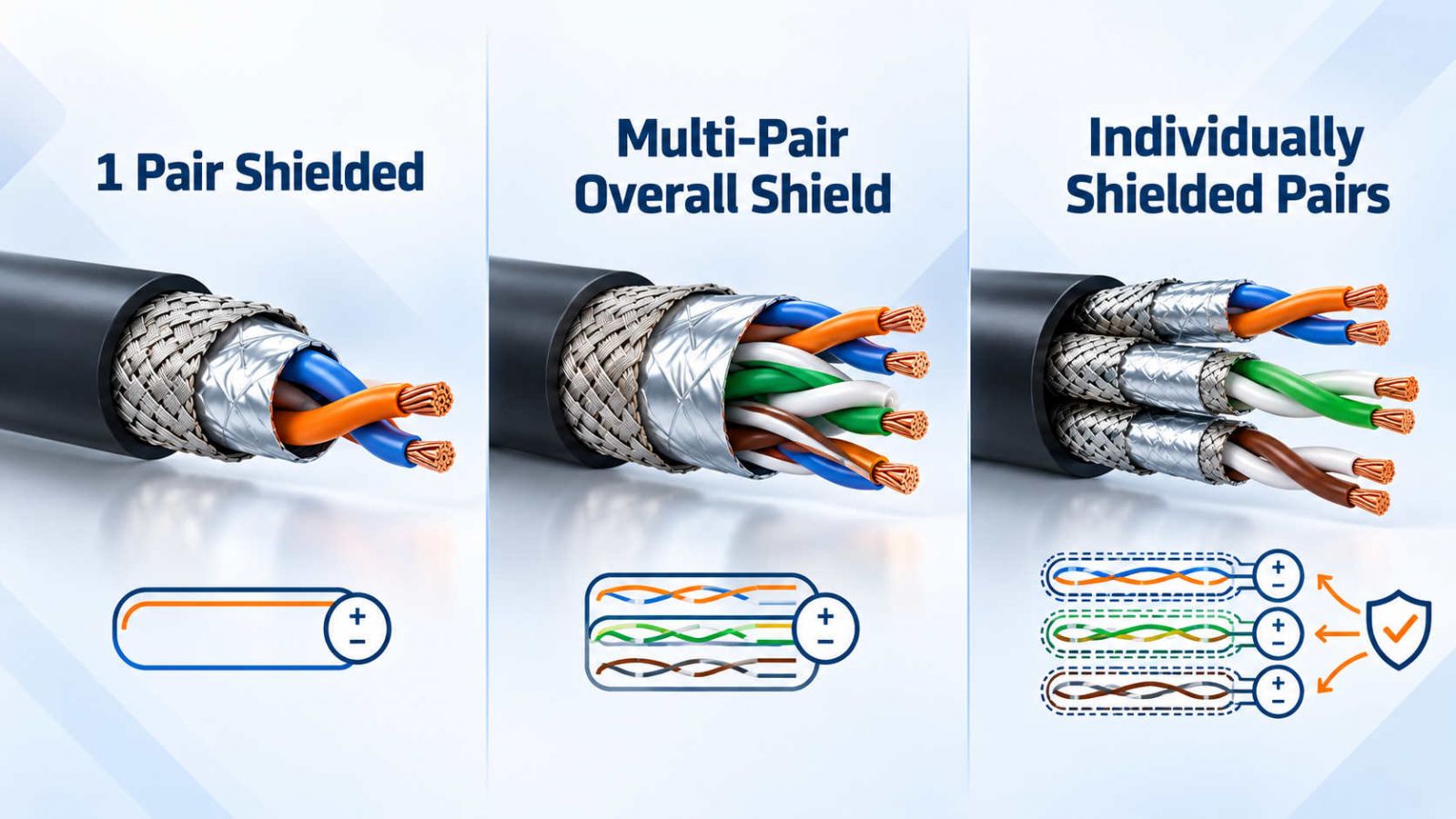 Minh họa ba cấu trúc cáp analog gồm một đôi có shield, nhiều đôi shield tổng và nhiều đôi shield riêng.