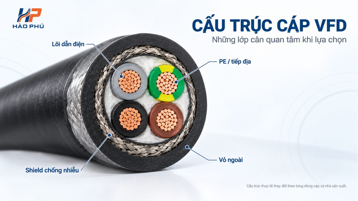 Cấu trúc điển hình của cáp VFD có lớp chống nhiễu và dây PE