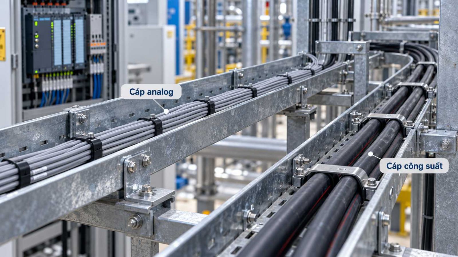 Hai tuyến cáp analog và cáp công suất bố trí tách biệt trên máng trong tủ điện công nghiệp.