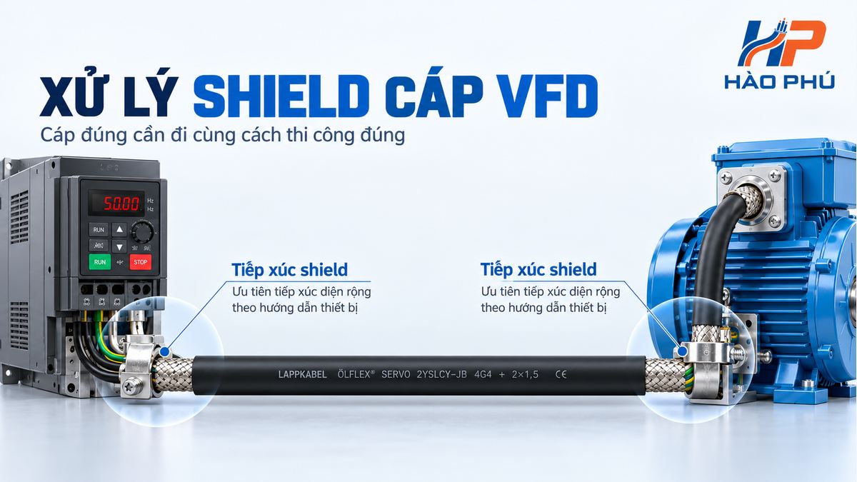 Minh họa xử lý lớp shield cáp VFD tại biến tần và motor