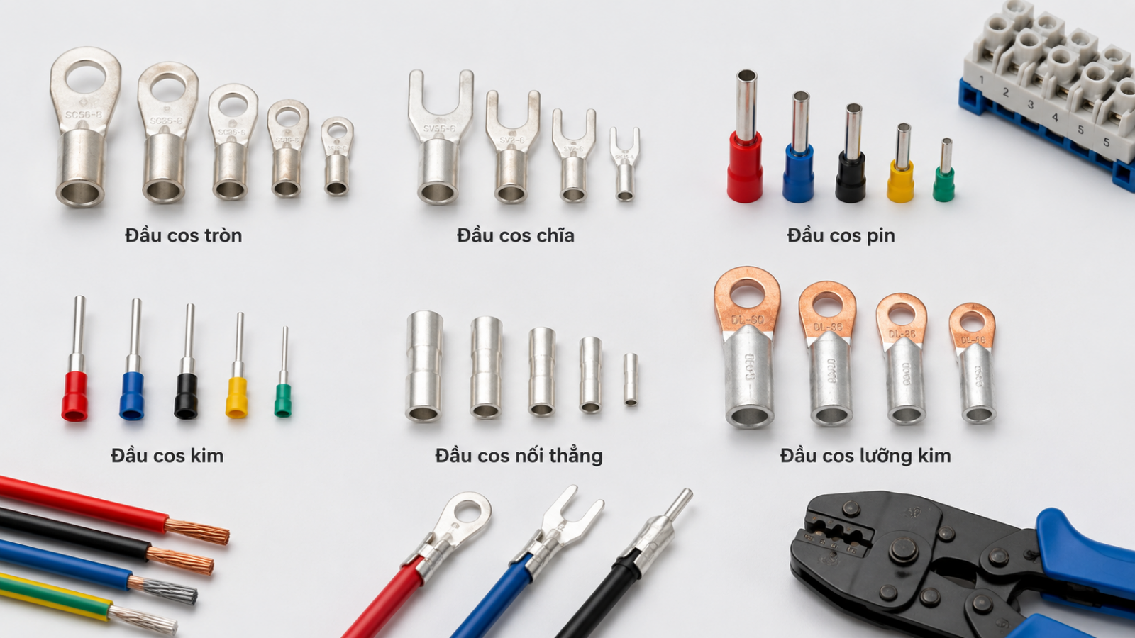 Phân loại đầu cos phổ biến Phân loại đầu cos tròn đầu cos chĩa đầu cos pin đầu cos nối thẳng và đầu cos lưỡng kim