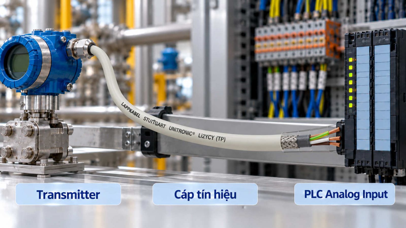 Minh họa đường tín hiệu từ transmitter qua cáp đôi tới ngõ vào analog của PLC.