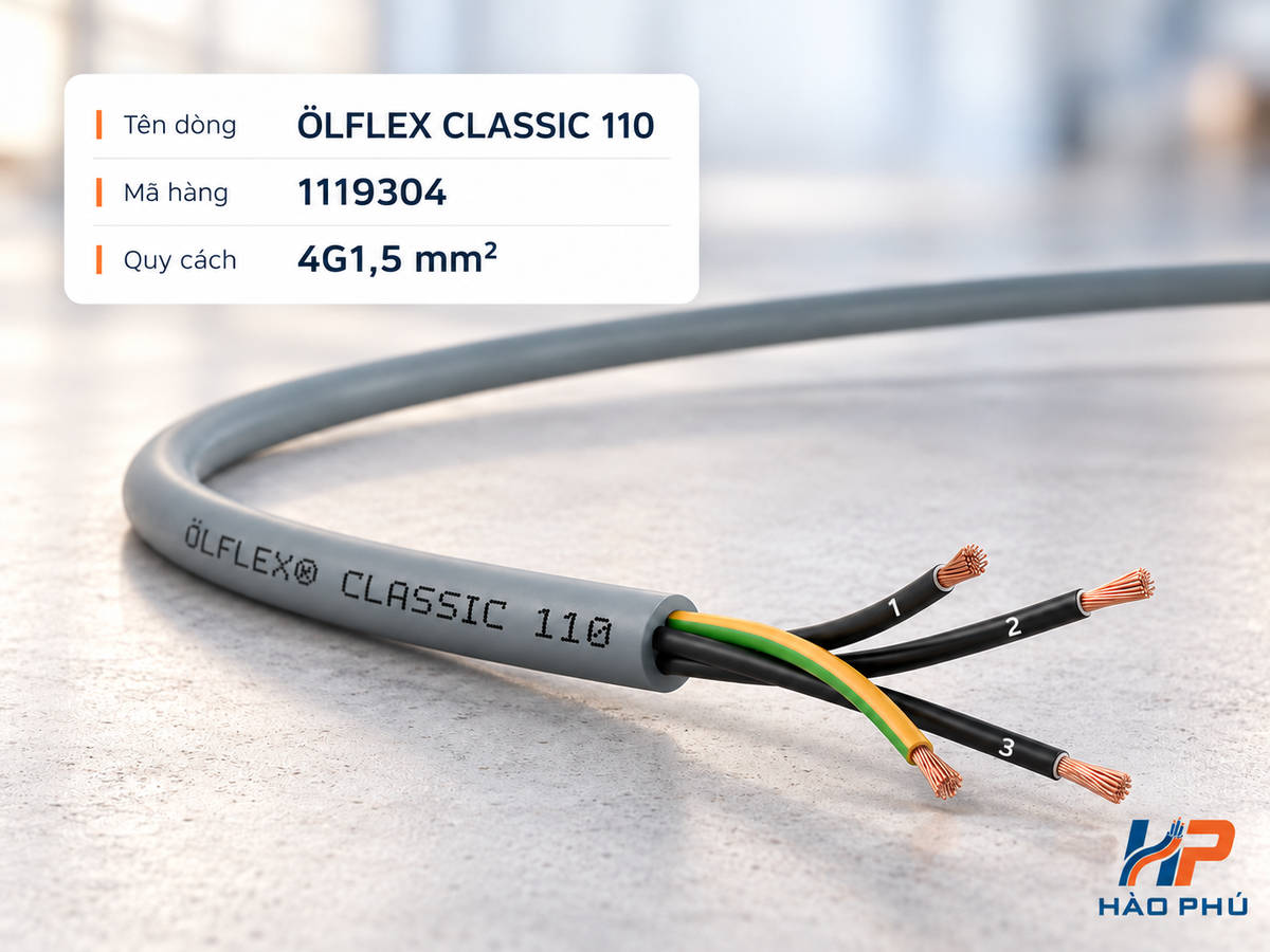 Tem cáp LAPP 1119304 phân biệt tên dòng ÖLFLEX CLASSIC 110 và quy cách 4G1,5