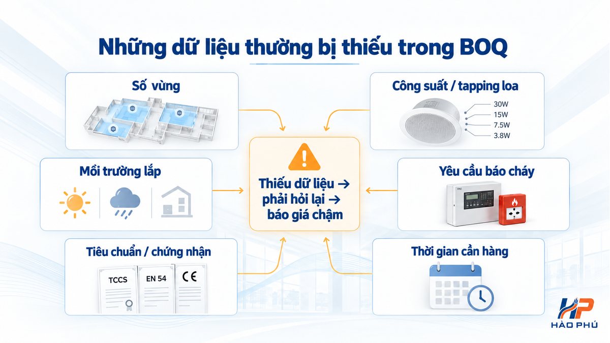 Các thông tin thường thiếu khi gửi BOQ hệ thống PA PAVA